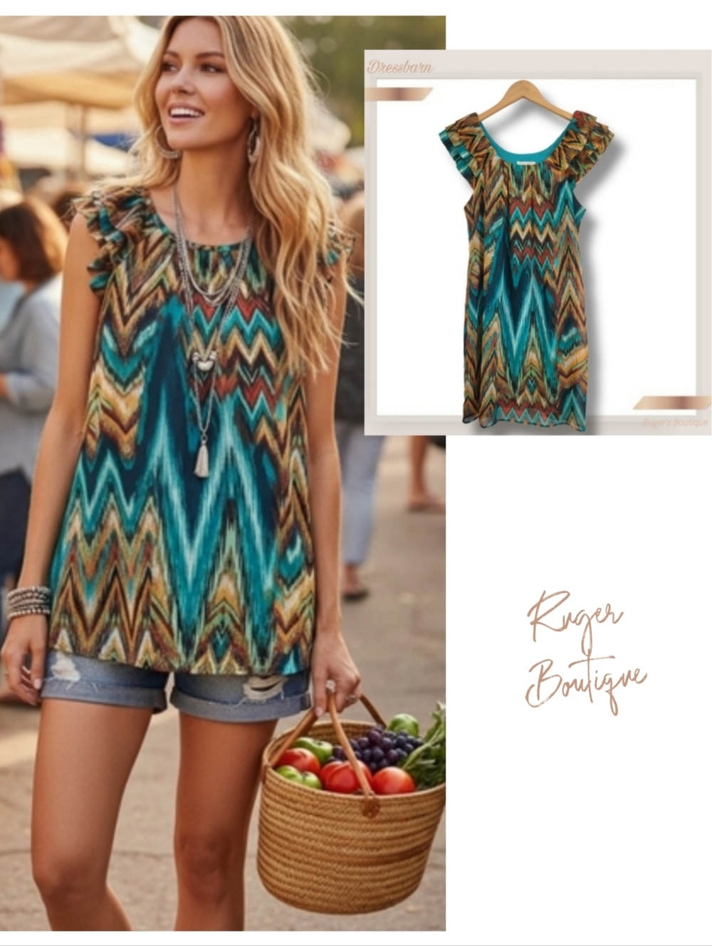 🌿Dressbarn Women's 8  Multicolor Boho Chevron Flutter Sleeve Tunic Blouse/Dress